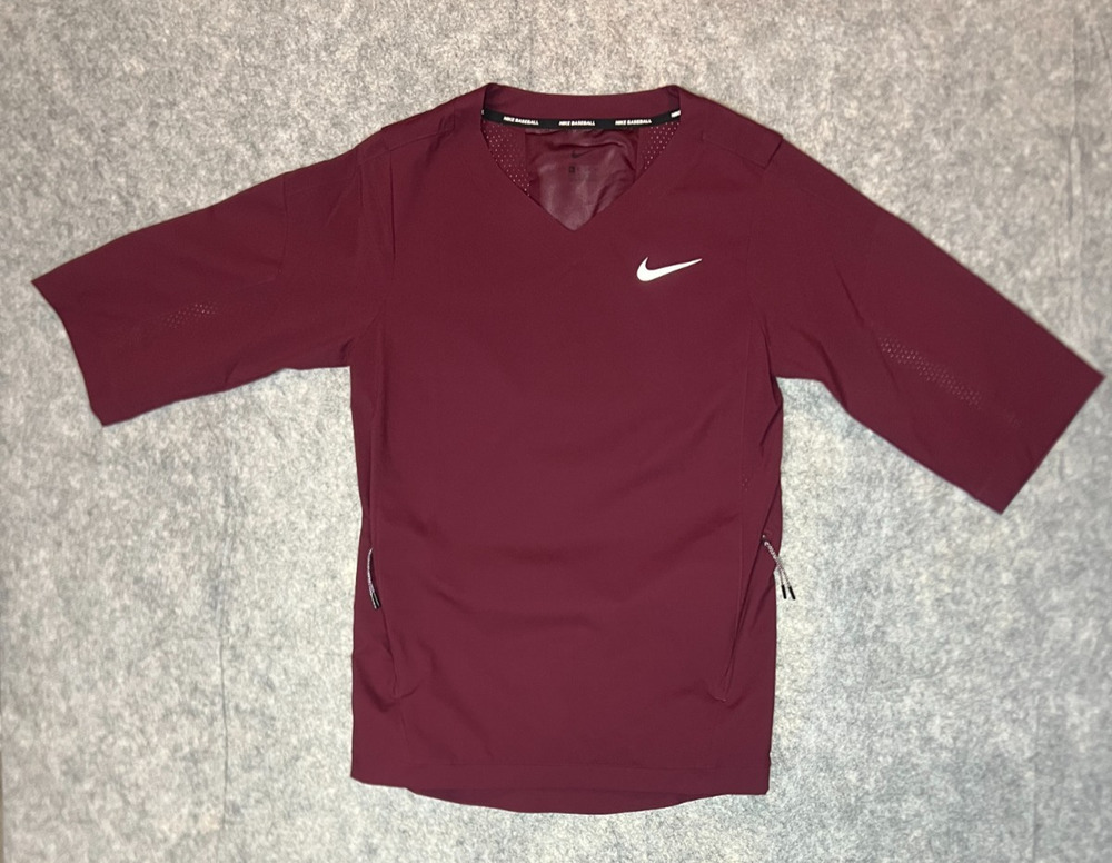 Nike Baseball Shirt Mens XS Maroon V Neck 3/4 Sleeve Pullover Zip Pockets